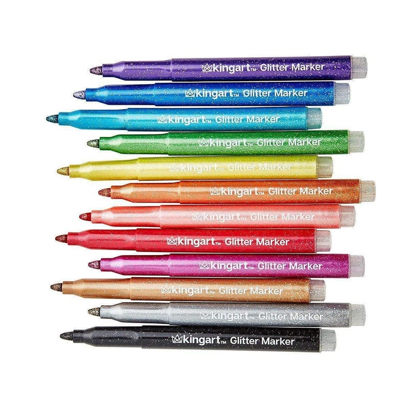 KINGART GLITTER MARKERS 12 Sparkling Colors with Gold & Silver, Non-Toxic Water Based Glitter Pens Writes on Multiple Surfaces with Bullet tip for Adult Coloring Books, Craft, Doodling, Drawing - Image 3
